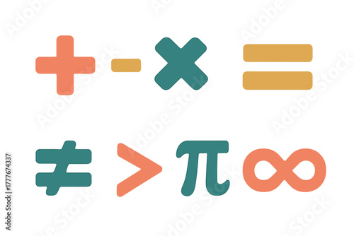 Mathematical symbols in different colors showcasing operations, inequalities, and constants in a creative layout