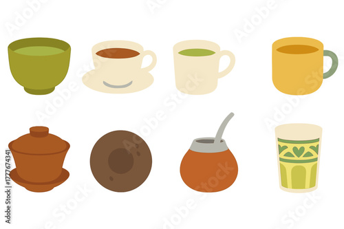 Different types of cups and bowls featuring various drinks in a simple, colorful arrangement