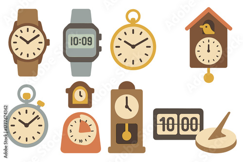 Various clock designs showcasing different styles and functions, perfect for teaching time concepts and clock recognition