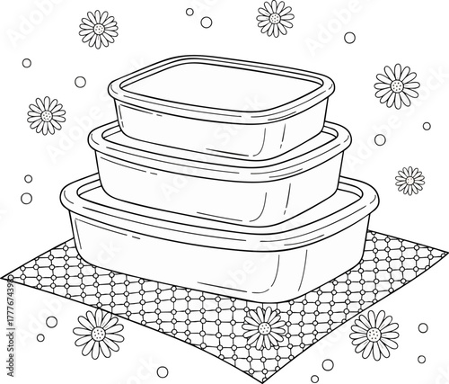 Black and white illustration of stacked food containers, daisies, and dots