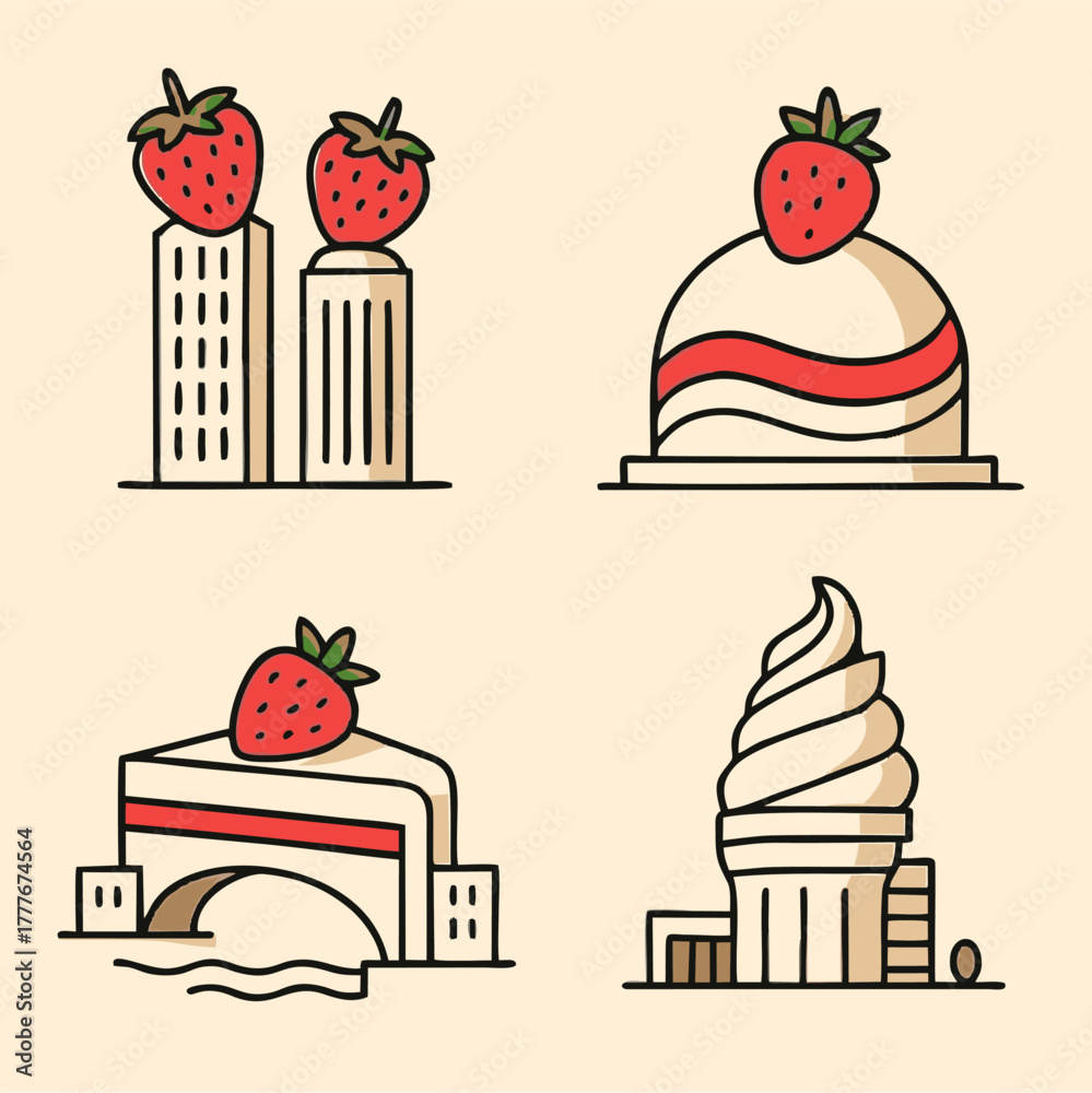Fototapeta premium A creative illustration transforming strawberries and desserts into architectural landmarks.