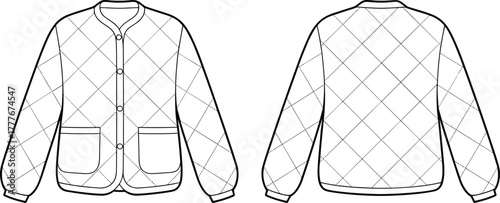Quilted long sleeve jacket flat sketch with front pockets and snap button closure, fashion technical drawing, apparel design illustration, outerwear template