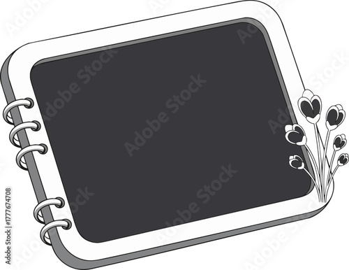 Blank spiral-bound notebook frame with dark grey copy space and stylized floral element, perfect for design or message background
