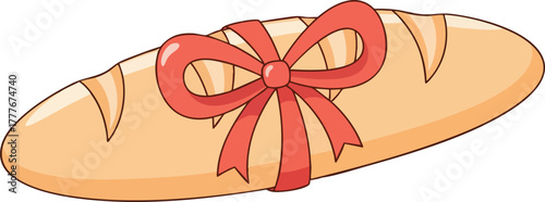 Cartoon baguette illustration, tied with red ribbon. Design shows a festive gift, bakery item or fresh bread, with a cheerful and celebratory mood