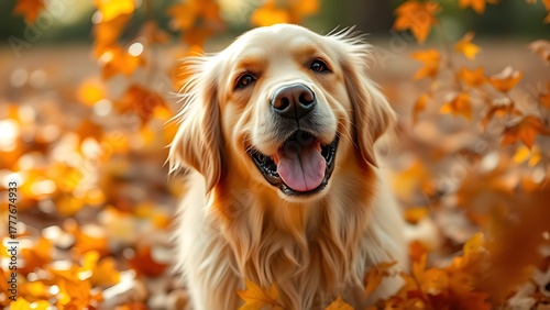 A playful Golden Retriever surrounded by autumn leaves, capturing the essence of seasonal joy.