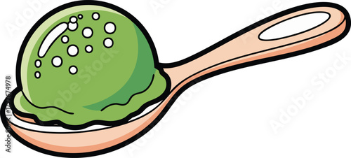 Cartoon illustration of a green ice cream scoop on a spoon. Represents a delicious treat and dessert