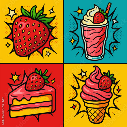 A bold pop-art style strawberry dessert set presented in four colorful panels