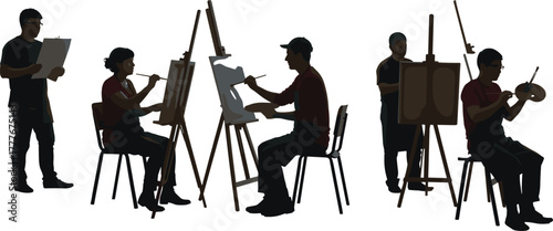 Art class silhouettes, creative workshop, painting students, drawing session, artistic expression, studio learning, canvas practice, group creativity, visual arts, teamwork