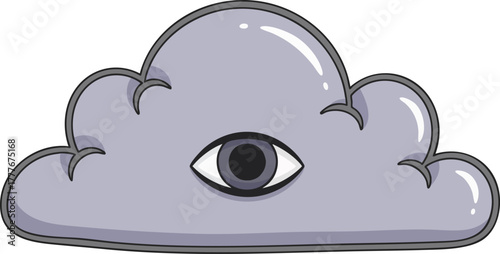Cartoon vector illustration of a stylized purple cloud featuring a central, mystical all-seeing eye