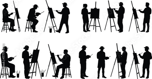 Art class, painting silhouette, artist mentor, creative studio, teamwork, easel scene, instructor guidance, artistic learning, black figures, educational moment