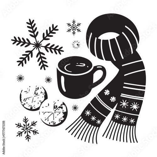 Cozy Winter Still Life – Tea Mug with Ginger Cookies, Hygge Winter Vector