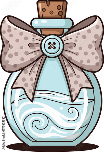 Charming cartoon potion bottle illustration with a mint green liquid, sealed with a cork and decorated with a cute polka dot bow and button accent