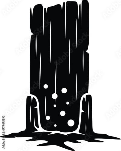Stylized tree stump with water and dripping sap representing deforestation and environmental concerns
