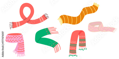 Colorful winter scarves set with cozy knitted festive patterns