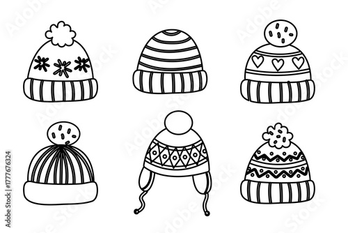 Outline winter hats set with knitted festive patterns and details