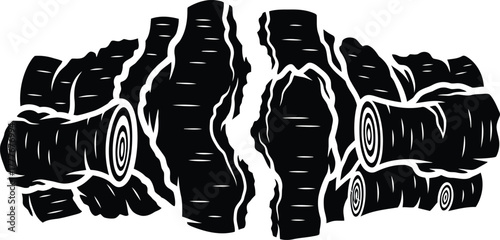 Black and white image of split log wood with tree rings illustration vector