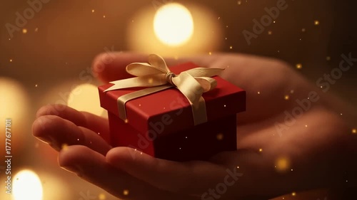 Hands holding glowing Christmas gift box with golden light and magic particles