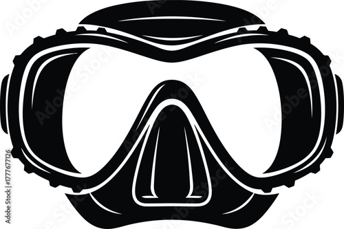 Black and white graphic illustration of scuba diving mask for water sport adventures
