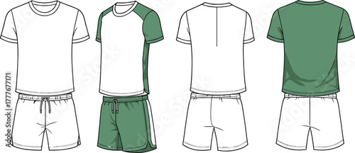 Athletic outfit front and back view, sportswear t-shirt and shorts, white and green color variations, fashion sketch, apparel design