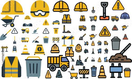flat construction safety icon set, industrial work tools collection, helmet vest warning sign cone shovel truck barrier equipment, vector illustration design