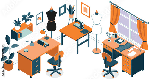 Isometric illustration of modern fashion design studio interior with sewing machine, dress mannequins, cutting table, workspace decor, creative garment design