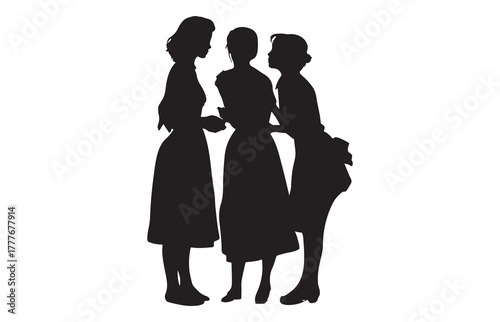 A silhouette of a comforting scene with three women sharing support. One woman embraces another, showing concern and empathy. The friendship and support among the women is highlighted. The distressed 