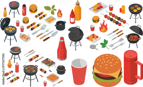 isometric summer barbecue party illustration, outdoor grilling food concept, burgers skewers sausages grill drinks snacks, picnic cooking celebration vector design