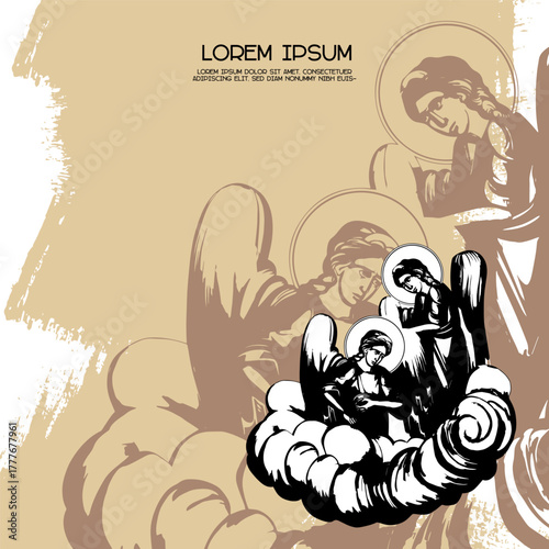 Religious vintage poster template with angels in sky. Christian illustration in Byzantine style