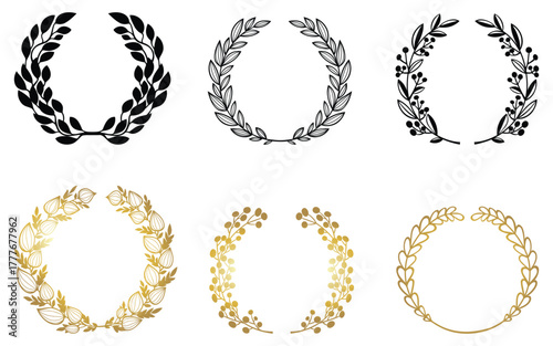 Golden laurel wreath vector collection with decorative circular branches, shiny luxury design elements representing victory, excellence, and achievement, ideal for elegant premium award graphics