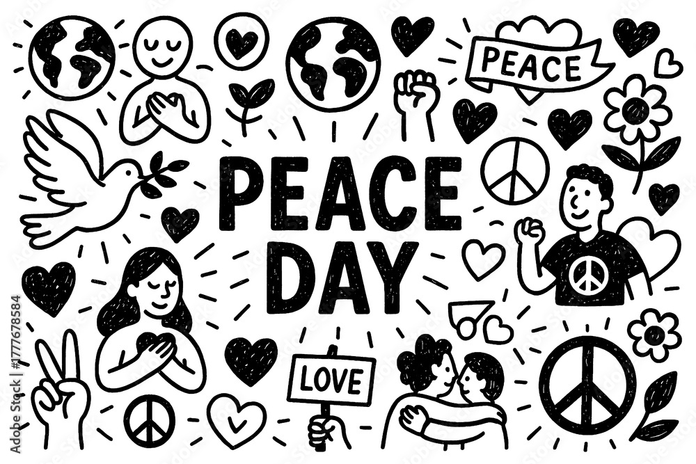Naklejka premium Peace Day doodle composition with doves, peace signs, earth, and harmony symbols, Transparent Background