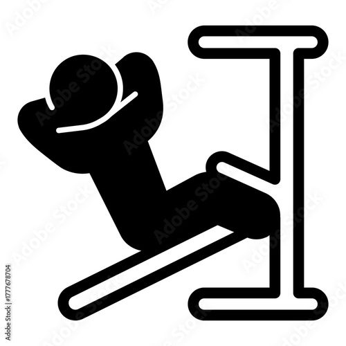 Man with exercise machine solid icon, body building concept. Vector graphics. Athlete man doing abdomen training exercise sign on white background, style icon mobile or web design.