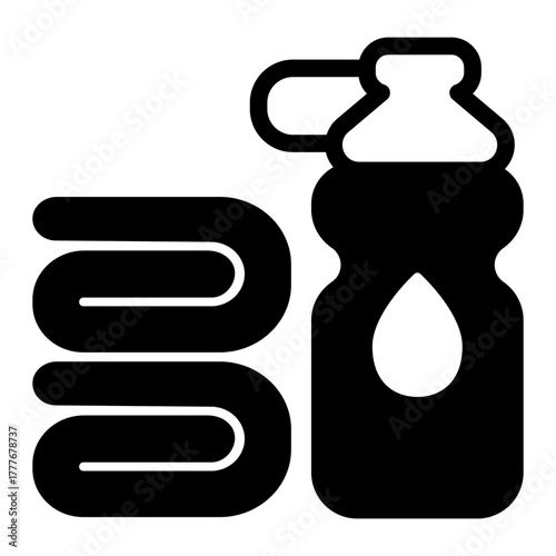 Water bottle and towel solid icon, athlete diet food concept. Vector graphics. Bottle and fresh towels pair sign on white background, style icon mobile or web design.