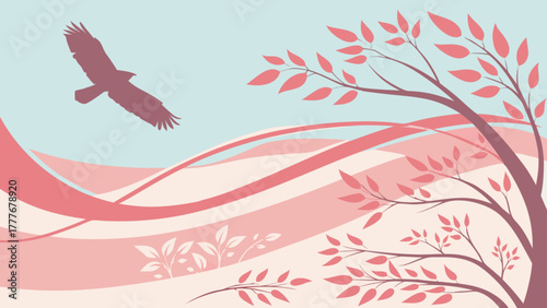 An eagle soars against a backdrop of stylized waves and a blossoming tree, its silhouette a symbol of freedom and resilience