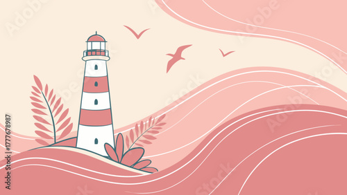 A serene seascape illustration featuring a charming lighthouse, gentle waves, and graceful seagulls, evoking a sense of tranquility and coastal beauty