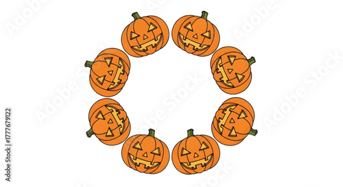 Nine carved pumpkins arranged in a circular wreath with grinning faces and green stems. in dusk glow
