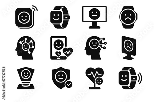 Holographic connected ai happiness mood vector health tracker display emotion icon smart