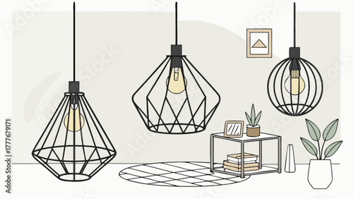 A stylish interior scene featuring modern pendant lights, a chic coffee table, and decorative plants, creating a cozy and contemporary living space