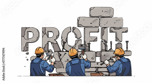 Conceptual illustration of workers building a solid foundation for profit, symbolizing business strategy and teamwork for financial success