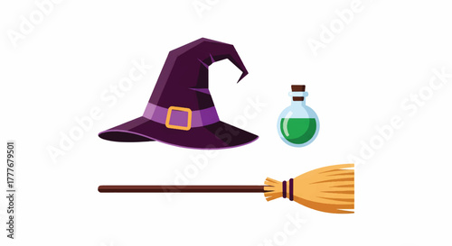 Purple witch hat with a gold buckle, beside a roundish green potion bottle and a sturdy wooden broom