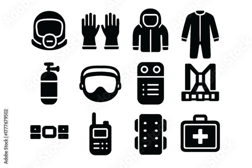 Communication essentials backplate suit device helmet emergency bio sensors icon vector utility