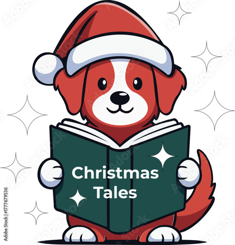 Dog in Santa hat reading Christmas Tales book puppy
