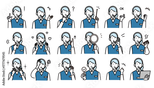 コールセンターの女性ービジネスパーソンの色々なジェスチャー表現アイコンセットーベクターイラスト素材