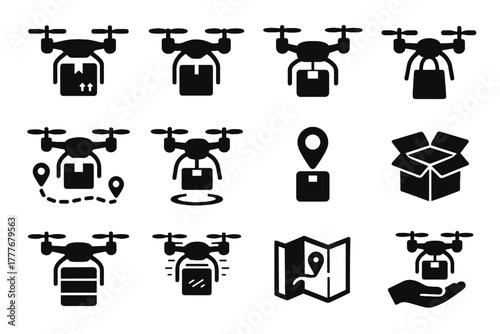 Vector pin navigation spinning icon delivery hovering parcel open drone landing icons
