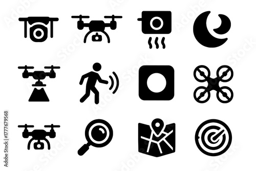 Drone vector zoom surveillance radar flying recording sensor icon icons vision hovering