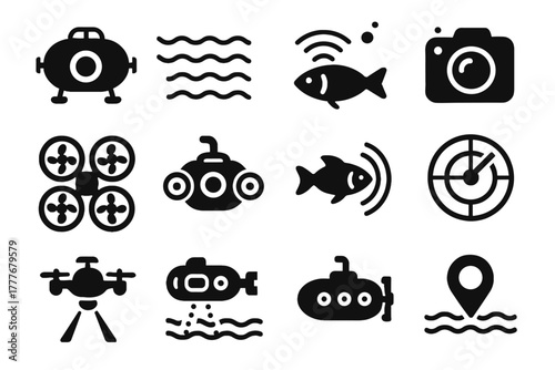 Sonar navigation drone camera icon vector spotlight underwater fish submarine seabed icons