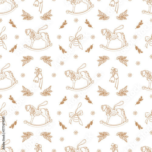 Retro style seamless background, Christmas and New Years wrapping paper. Vintage pattern with Christmas decorations, a rocking horse, bells, and fir branches. Vector wallpaper in gold on a white
