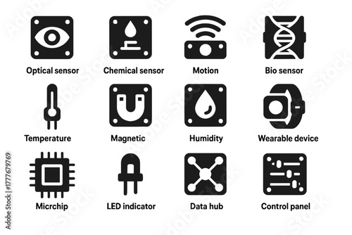 Optical module hub microchip data nano humidity smart sensor icon motion vector