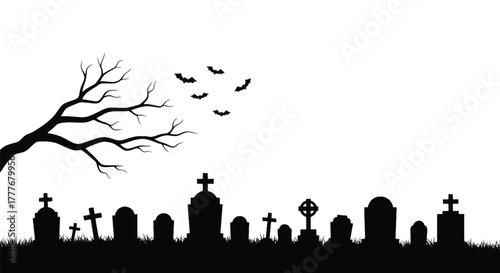 Silhouetted cemetery at dusk a gnarled, leafless tree extends over graves and bats. Shadows above!!