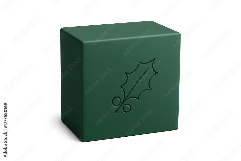 Fototapeta premium Green cube with embossed holly leaf icon representing christmas holiday season symbol, transparent background