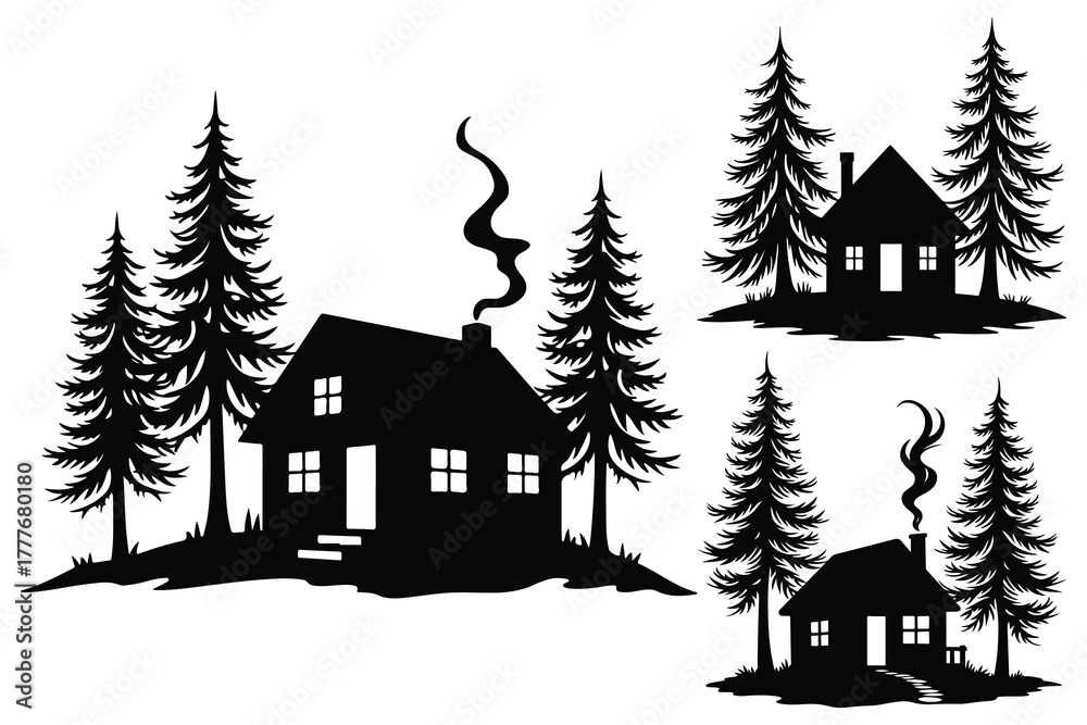 Obraz premium Black silhouette cabins and pine trees on white background